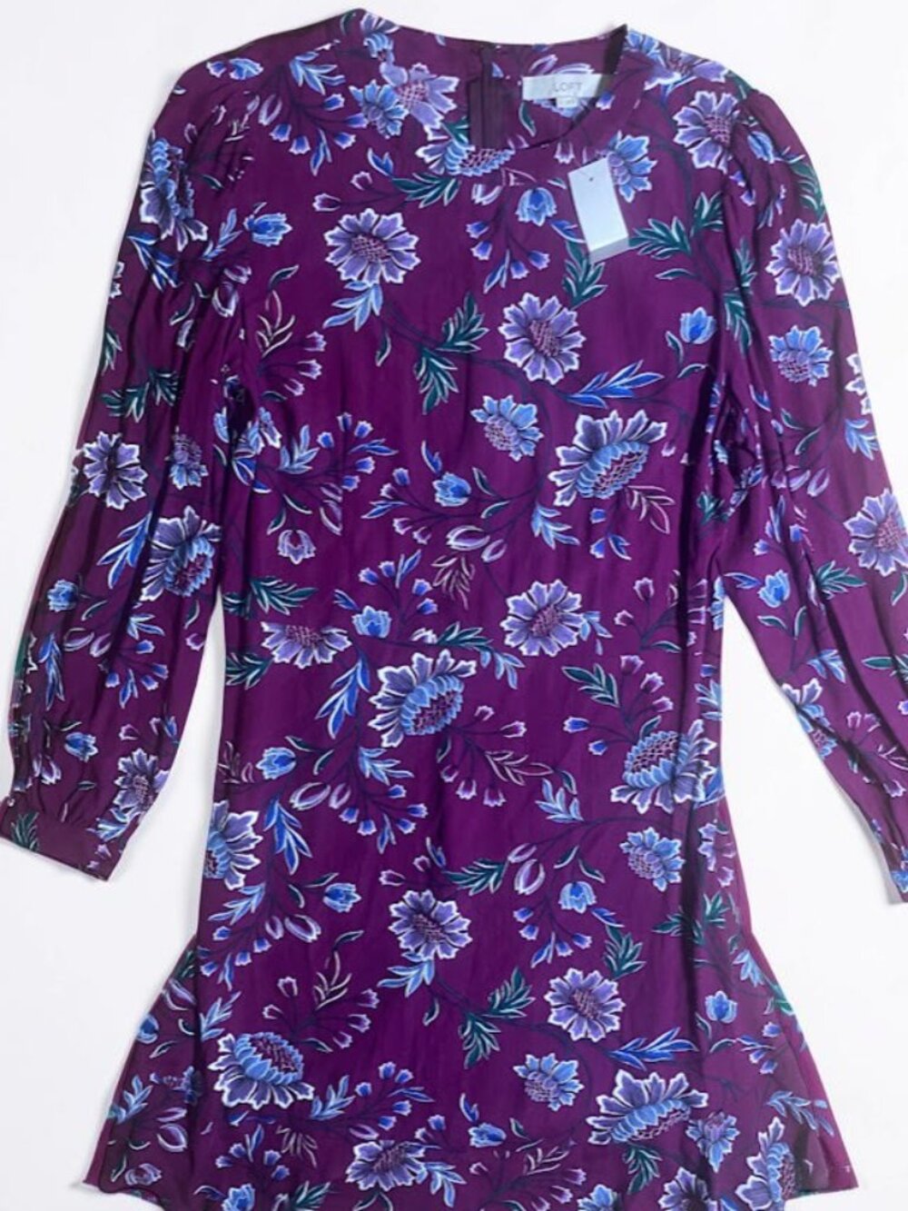 NWT Loft Women's Dress Size 10 Ruffle Long Sleeve Midi Round Neck Floral Print